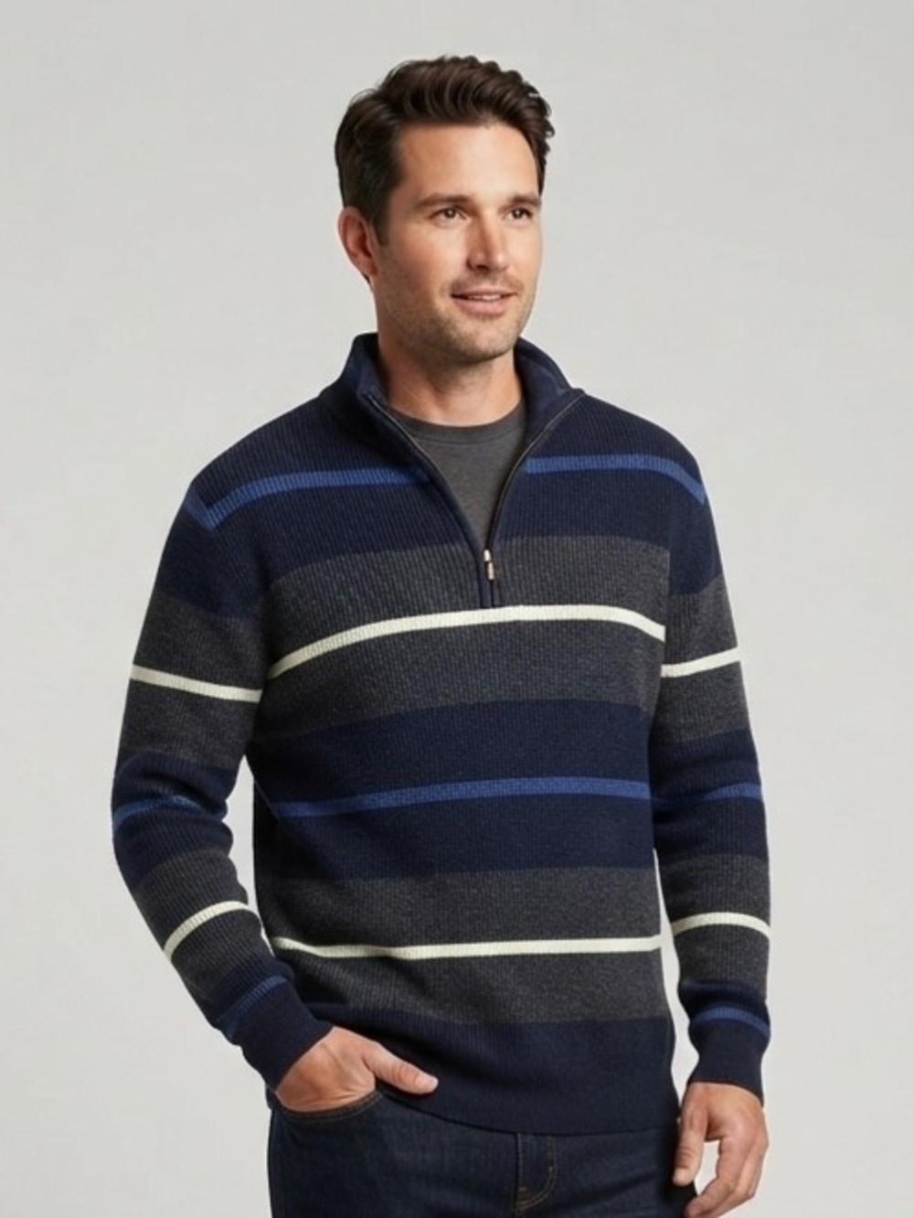 Feel Good Men's Striped Half-Zip Sweater in Navy, Gray & Cream  Size XL